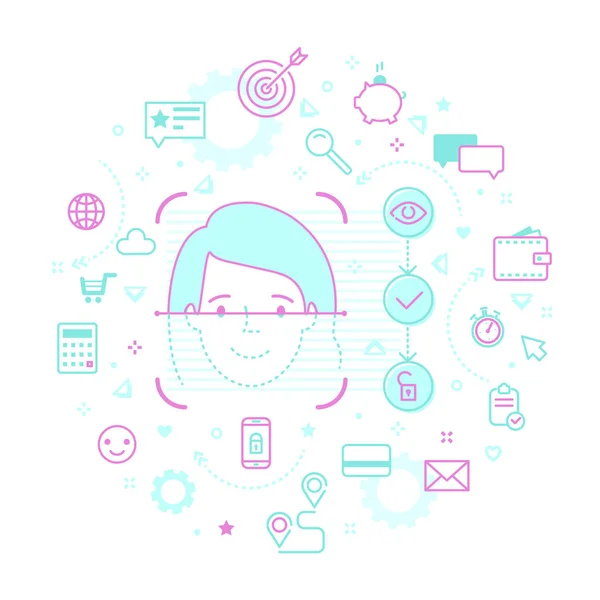 Concept of Face ID in line art style. Face of woman. Face Recognition Abstract Tech Background with Icons. Vector illustration.