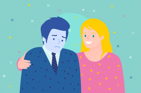 Concept of friendship and support. Man and women are together. Cheerful woman supports sad man. Flat design, vector illustration.