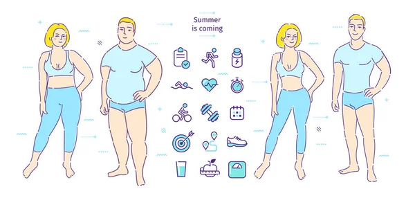 건강한 라이프 스타일의 뚱뚱한 남자와 여자는 무게를 잃는다 디자인 일러스트레이션 — 스톡 벡터