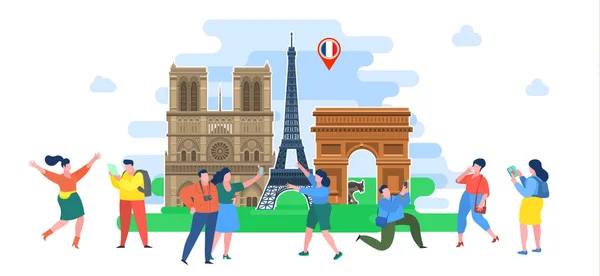 Ιδέα για ταξίδια ή σπουδές γαλλικών. Τουρίστες στη Γαλλία. — Διανυσματικό Αρχείο