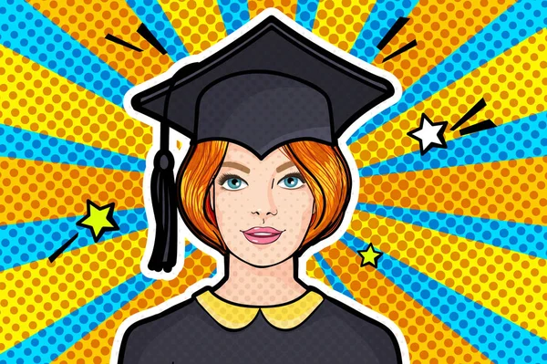 Concept van een afstudeerles. Meisje in Graduation Cap in pop-art stijl — Stockvector