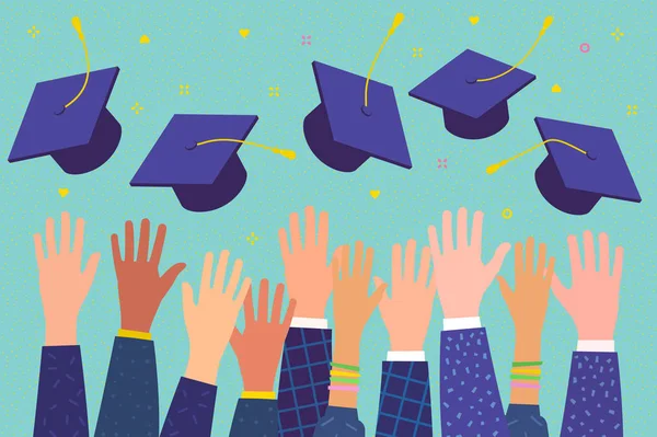 Concept d'éducation. Diplômés jetant chapeaux de graduation dans l'air . — Image vectorielle