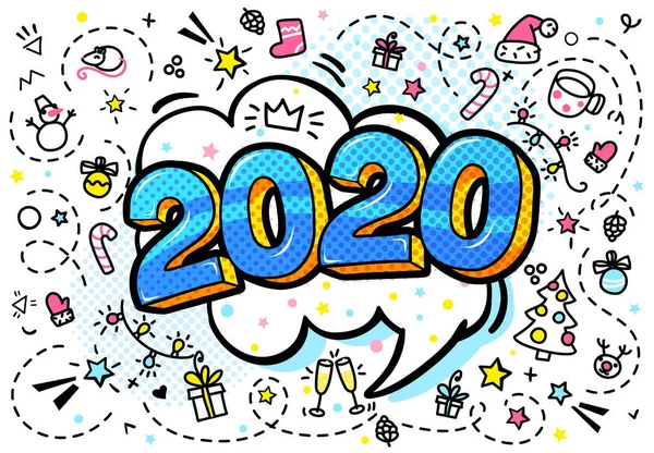 Tahun baru 2020. Angka 2020 dalam gaya seni pop - Stok Vektor