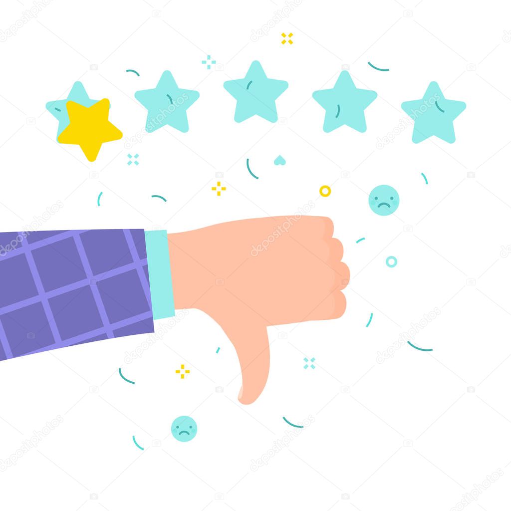 Hand with pointing finger pointing to rating stars. Flat design