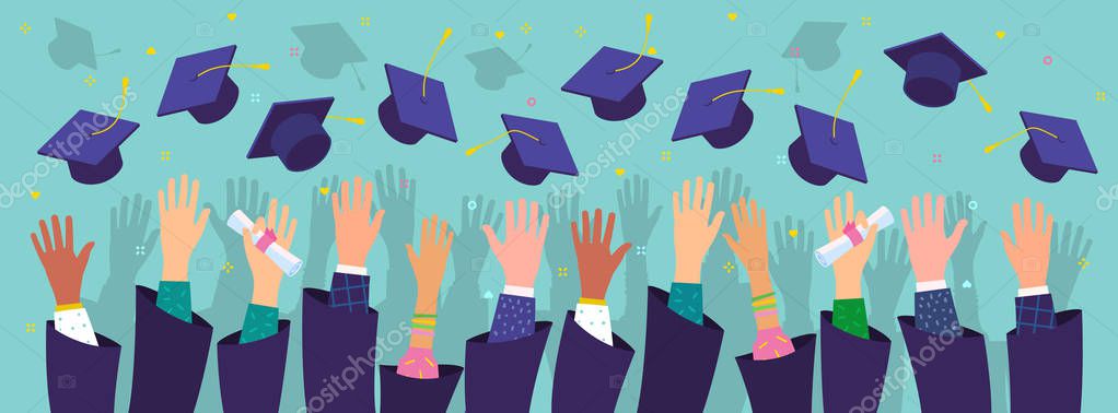 Concept of education. Graduates throwing graduation hats in the air. Royalty Free Stock Illustrations