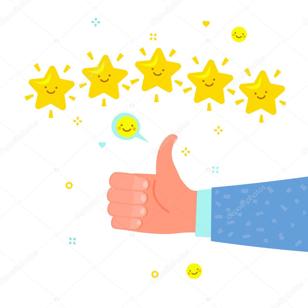Hand with pointing finger pointing to rating stars. Flat design