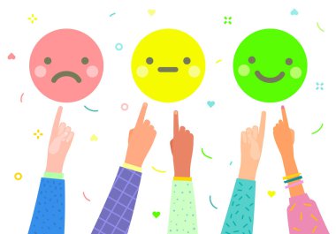 Oran kavramı. Emojy'yi işaret eden ve ifade derecelendirmesi veren işaret parmakları olan eller
