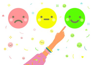 Oran kavramı. Emojy'yi işaret eden ve ifade derecelendirmesi veren işaret parmakları olan eller