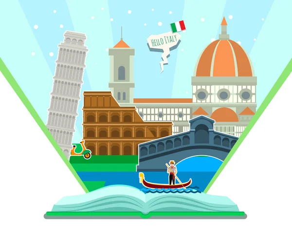 Concepto de viajar a Italia o estudiar italiano. Bandera italiana con hitos en libro abierto. Turismo en Italia . — Archivo Imágenes Vectoriales