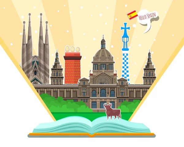 Concepto de viajar a España o estudiar español. Bandera de España con hitos en libro abierto . — Archivo Imágenes Vectoriales