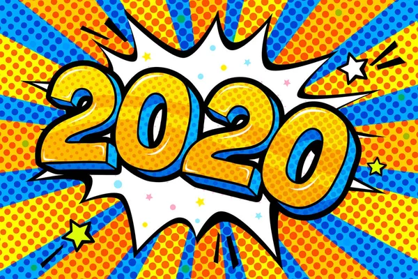 新年の偉大なカード。ワードバブルにおける黄色の数字2020. — ストックベクタ