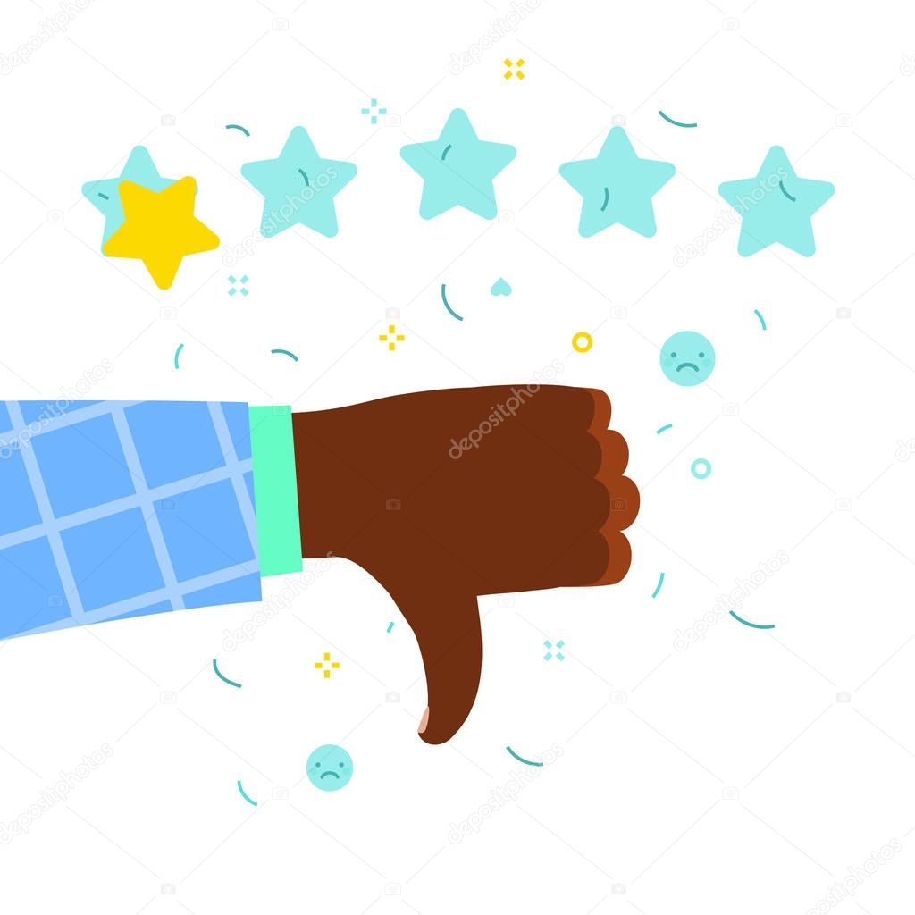 Hand with thumbs down with rating stars. Flat design