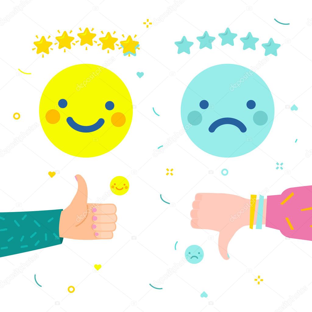 Hand with thumbs down and thumbs up to rating stars. Flat design