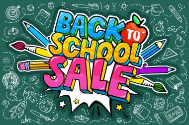 Eğitim kavramı. El çizilmiş okul malzemeleri ve komik konuşma balonu ile Okul arka plan