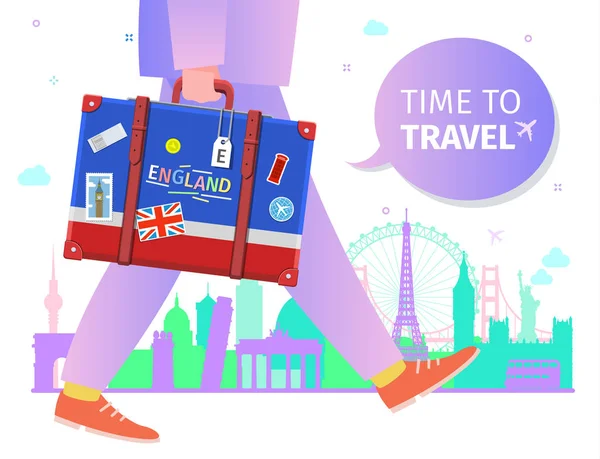 Concept of travel or studying English. English flag with landmarks in suitcase. Flat design, vector illustration