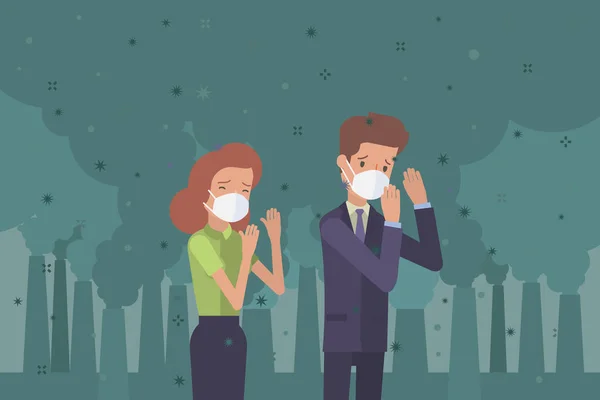 Koncepce znečišťování ovzduší. Smutní lidé na ochranných obličejách. — Stockový vektor
