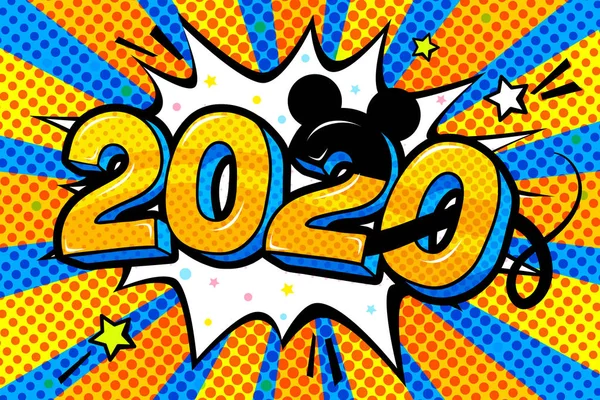 Yeni yıl greating kartı. Sarı sayılar 2020 kelime balonu. — Stok Vektör