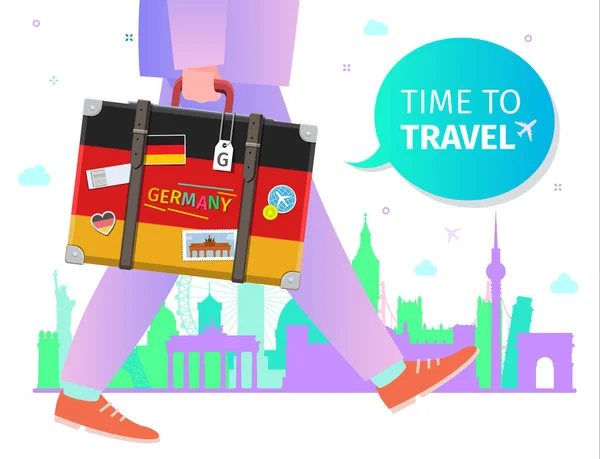 Concepto de viajar a Alemania o estudiar alemán. Tiempo para viajar mensaje . — Vector de stock