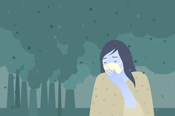 Concept of air pollution. Sad woman wearing protective face masks. — Stock Vector