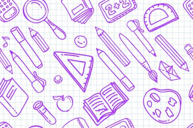 Eğitim kavramı. El çizilmiş okul malzemeleri ve komik konuşma balonu ile Okul arka plan