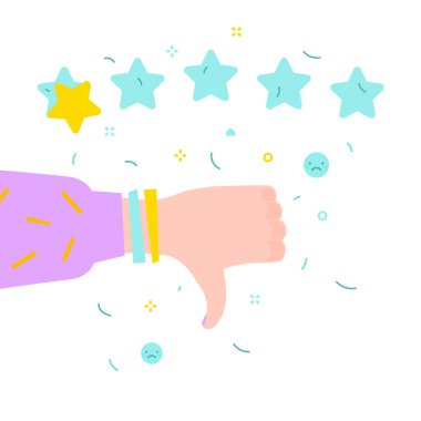 Emoji ve yıldız derecelendirme aşağı başparmak ile El. Düz tasarım