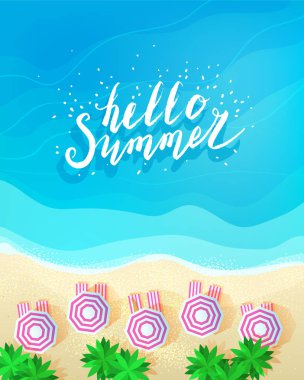 Merhaba Yaz konsepti. Mavi deniz üst görünümünde tekne.