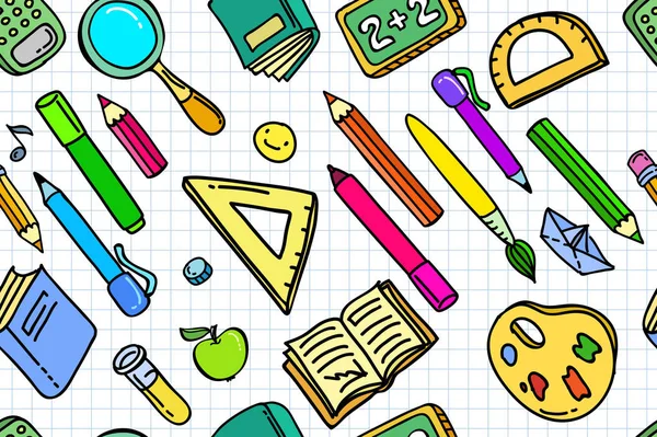 Eğitim kavramı. El çizilmiş okul malzemeleri ve komik konuşma balonu ile Okul arka plan — Stok Vektör
