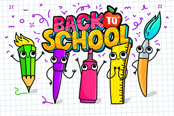 Concepto de educación. Fondo escolar con útiles escolares dibujados a mano y burbuja de habla cómica — Vector de stock