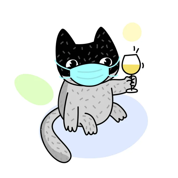 Concept Quarantine Cartoon Cat Medical Mask Holds Glass Wine Self — Stock Vector
