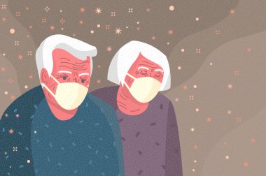 Karantina kavramı. Koruyucu maskeler takan üzgün yaşlı insanlar. 2019-NCoV Roman Corona virüsü. Vektör illüstrasyonu.