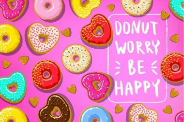 Donutlu donutlar mutlu notalar olsun. Kalp şeklinde farklı çörekler ve pembe arka planda daire şeklinde daireler. Vektör illüstrasyonu.
