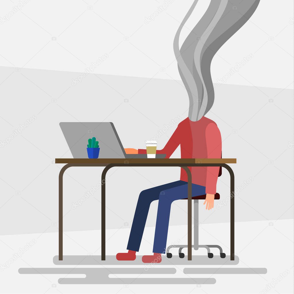 Concept of professional burnout, working man sits at a table and his head smokes. Flat design, vector illustration.