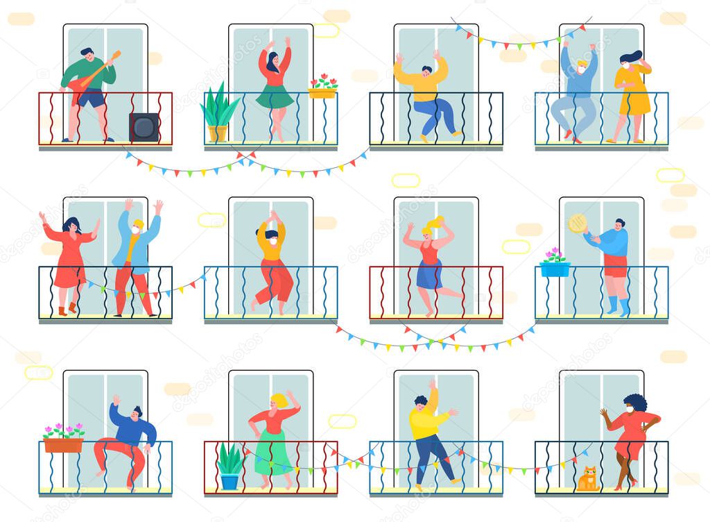 Concept of quarantine. People staing at home and dance on their balconies. Stay home concept. Self isolation, quarantine due to coronavirus. Vector illustration.