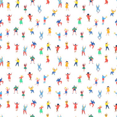 Dans eden insanların komik çizgi filmlerdeki gibi kusursuz bir geçmişi var. Serbest gezen kadın ve erkekler poz verir. Düz dizayn. Vektör çizimi. Duvar kağıdı, kumaş baskısı deseni