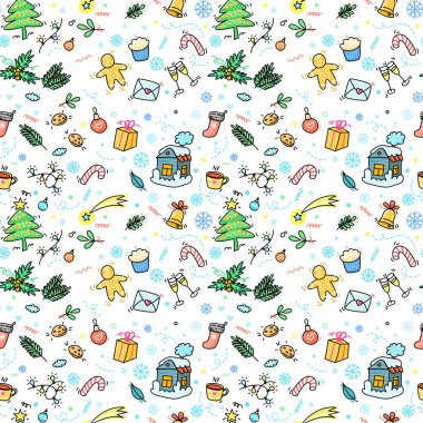 Noel ve Yeni Yıl Eli, ev ve Noel ağacı ile kusursuz desenler çizdi. Duvar kağıdı, kumaş baskısı için karalama vektörü arkaplanı.