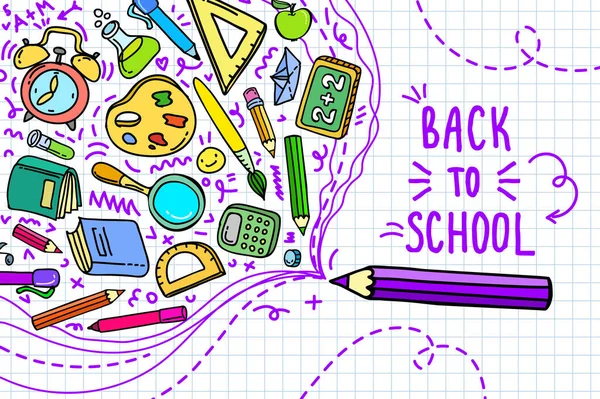 Eğitim kavramı. Okul geçmişi, beyazlar ve harfler üzerine el yazması okul malzemeleri. Vektör illüstrasyonu