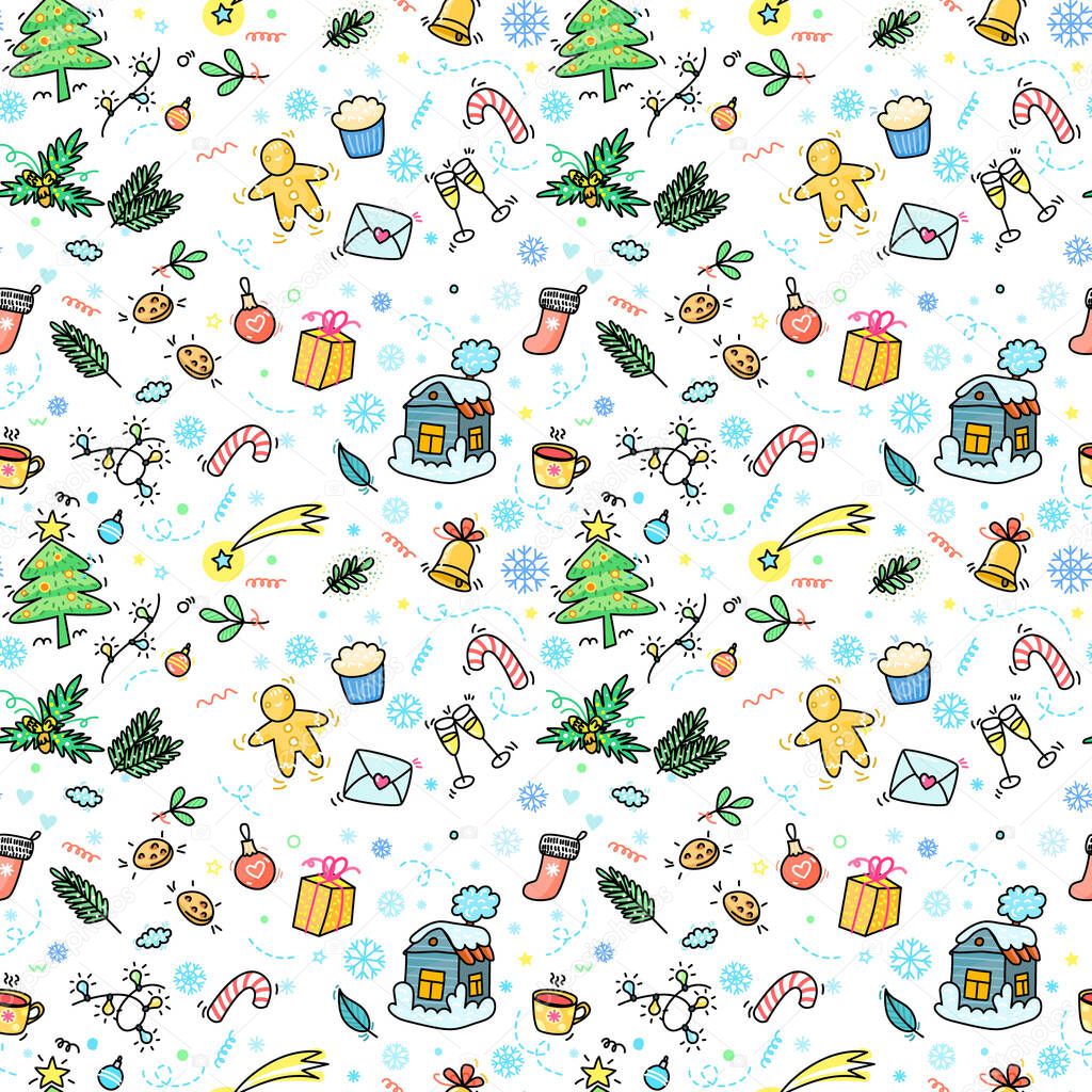 Christmas and New Year Hand drawn seamless pattern with house and christmas tree. Doodle vector background for wallpaper, fabric print.