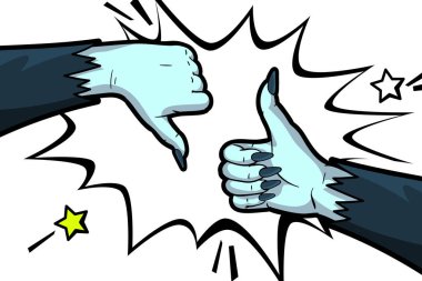 Pop sanat retro tarzında Cadılar Bayramı tebrik kartı. Cadı El hoşlanma ve hoşlanmama jestini gösteriyor. El işareti Tamam el hareketi. Vektör illüstrasyonu.