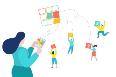 Yaratıcı takım çalışması kavramı. Kadın mobil uygulama ile görevler verir. İnsanlar internette bir iş projesi inşa ediyorlar. Vektör düz tasarımı