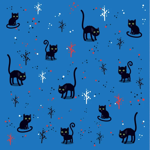 Illustration Halloween Nahtloses Muster Mit Lustigen Katzen Auf Blauem Hintergrund — Stockvektor