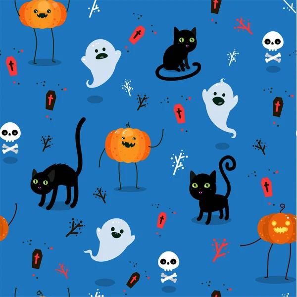Ilustração Halloween Padrão Sem Costura Com Gatos Engraçados Fantasma Abóbora — Vetor de Stock