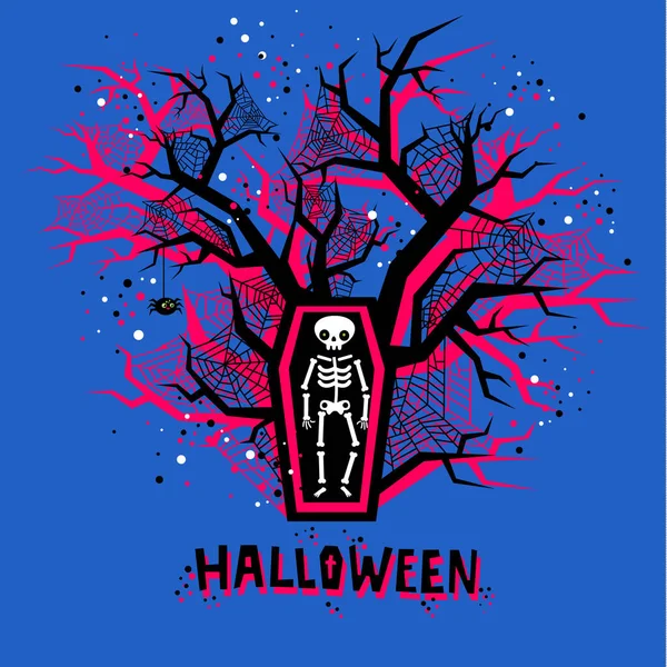 Halloween Illustration Skeleton Coffin Poster Halloween Party Night Flat Design — Stock Vector