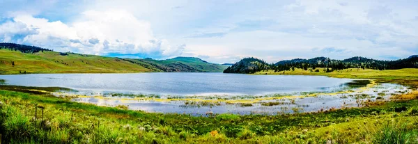 Panoramatický Pohled Pařezu Jezero Obklopené Rolling Hills Široce Otevřené Travnaté — Stock fotografie