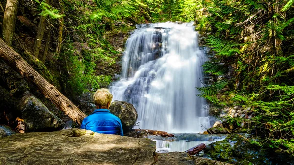 Üst düzey kadın, Whitecroft Şelalesi'nde, bir şelale Mcgillivray Creek ve Sun Peaks yolundan kısa bir yürüyüş kasaba Whitecroft British Columbia, Kanada Okanagen Shuswap bölgesinde yakın:
