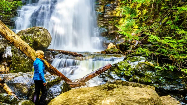 Üst düzey kadın, Whitecroft Şelalesi'nde, bir şelale Mcgillivray Creek ve Sun Peaks yolundan kısa bir yürüyüş kasaba Whitecroft British Columbia, Kanada Okanagen Shuswap bölgesinde yakın:
