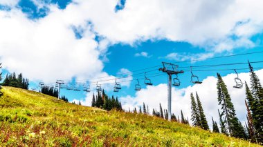 Sun village Peaks British Columbia, Kanada Shuswap dağlık yakınındaki Tod dağda sonbahar renkleri altında bir chairlift alpine meadows aracılığıyla hiking