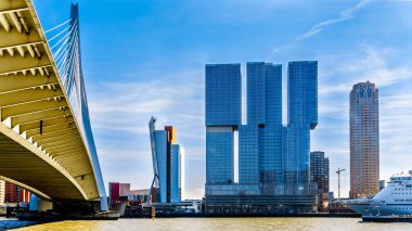 Rotterdam / Hollanda - 26 Eylül 2018: Modern mimari yüksek Rise binaları Cable-Stayed Erasmus Bridge Rotterdam Nieuwe Maas nehri ile Hollanda Amerikakade