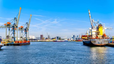 Rotterdam / Hollanda - 26 Eylül 2018: Konteyner Vinç üzerinde Waalhaven, bir girme ve Avrupa kıtasına bırakarak kapsayıcılar için ana Terminal iskelesi