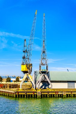 Rotterdam / Hollanda - 26 Eylül 2018: Endüstriyel vinç bir boşaltma gemi Waalhaven, önemli bir terminal bölgesi Rotterdam liman quays üzerinde yükleme için