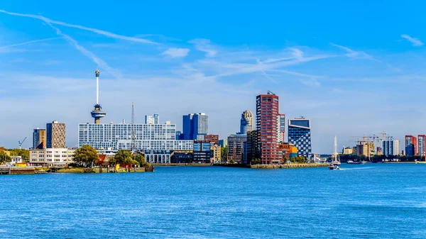Ticari binalar ve arka planda Euromast Kulesi Nieuwe Maas nehri üzerinde bir turist tekneden görüntülemek